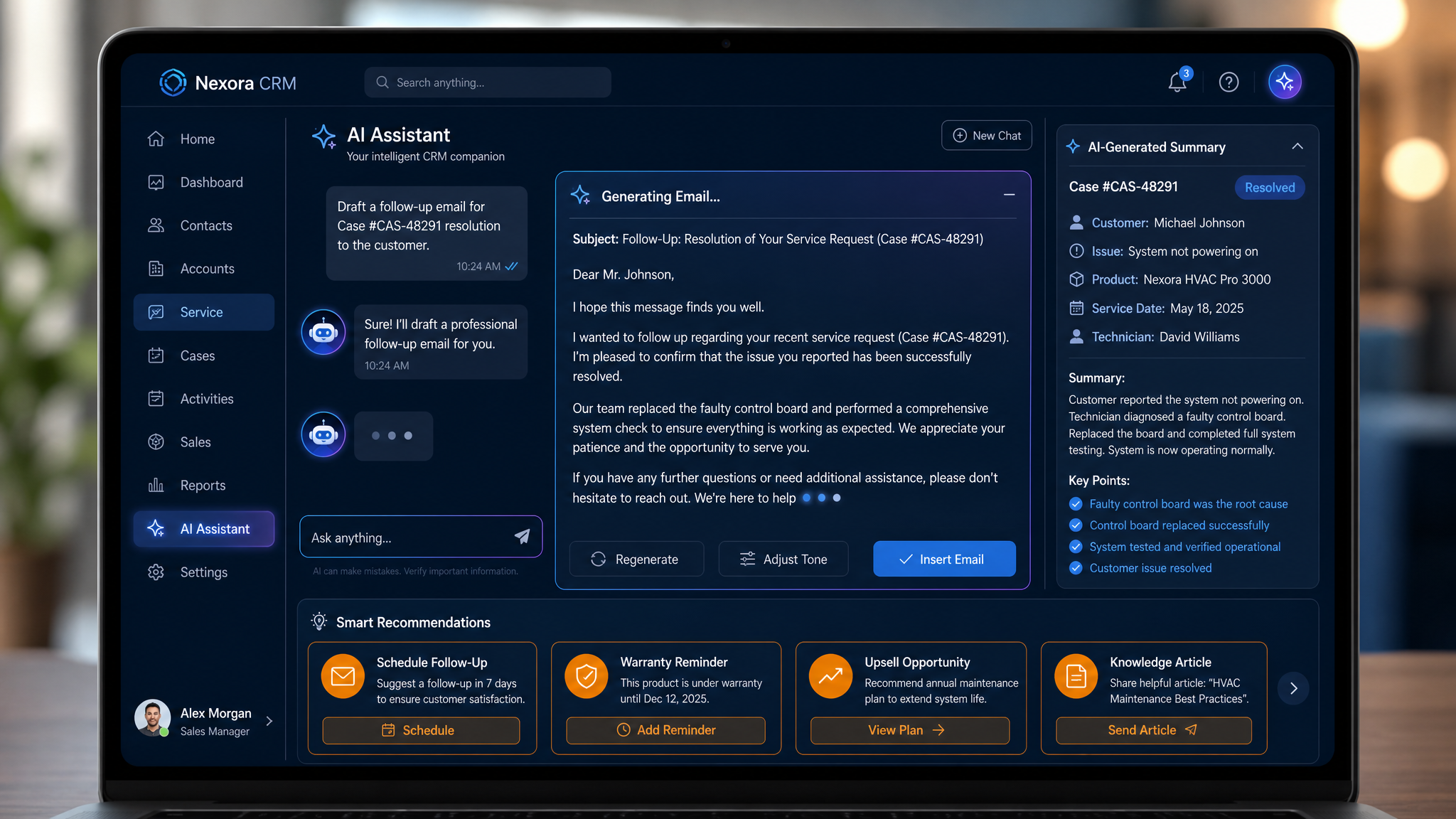 AI assistant inside A Step Above CRM generating customer messages and smart recommendations