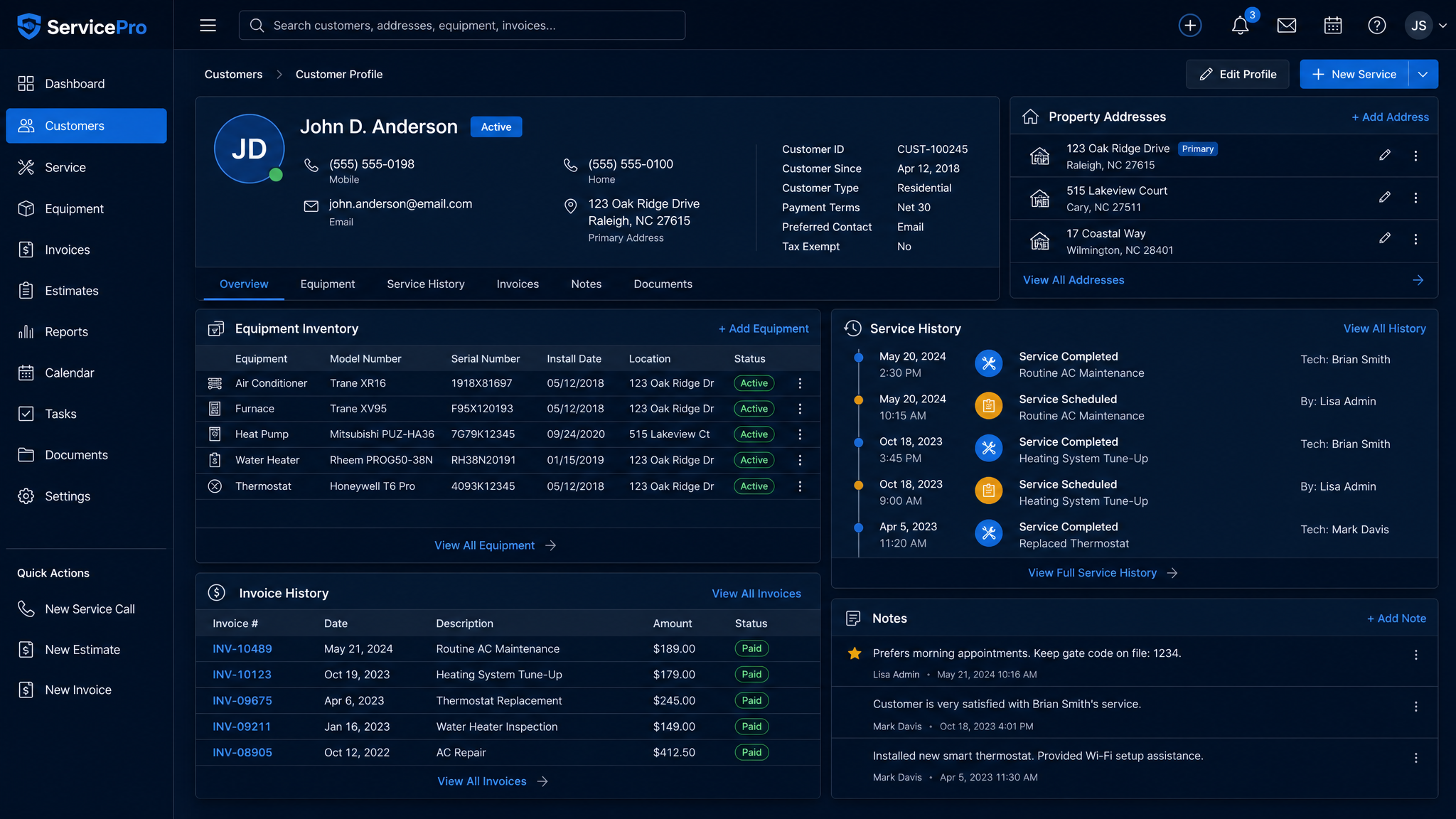 Customer profile showing properties, equipment history, and service records in A Step Above CRM