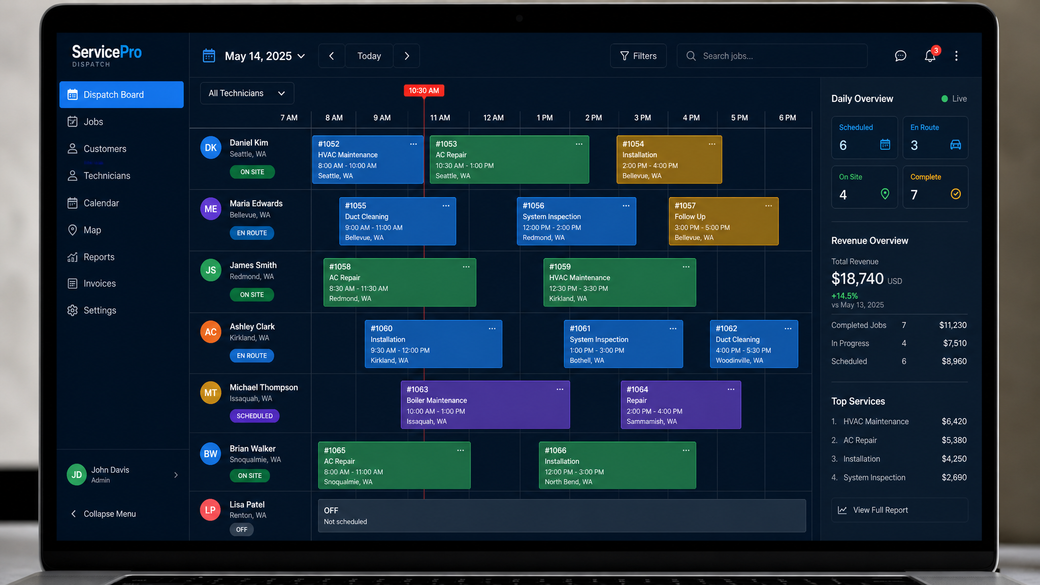 A Step Above CRM dispatch board showing daily technician timeline with job cards and live statuses