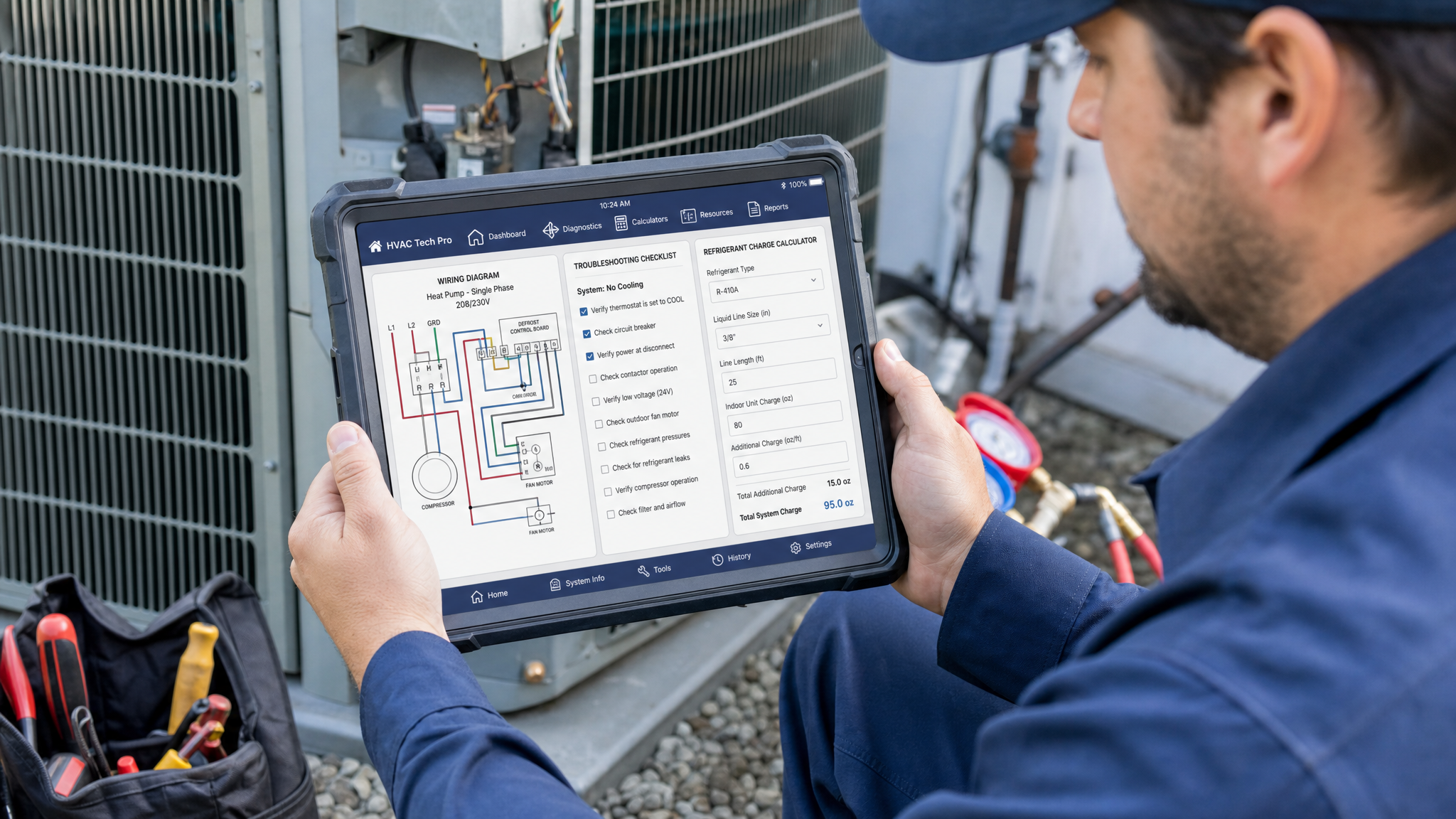 HVAC technician using HVAC Field Pro tablet app with wiring diagrams and troubleshooting tools in the field