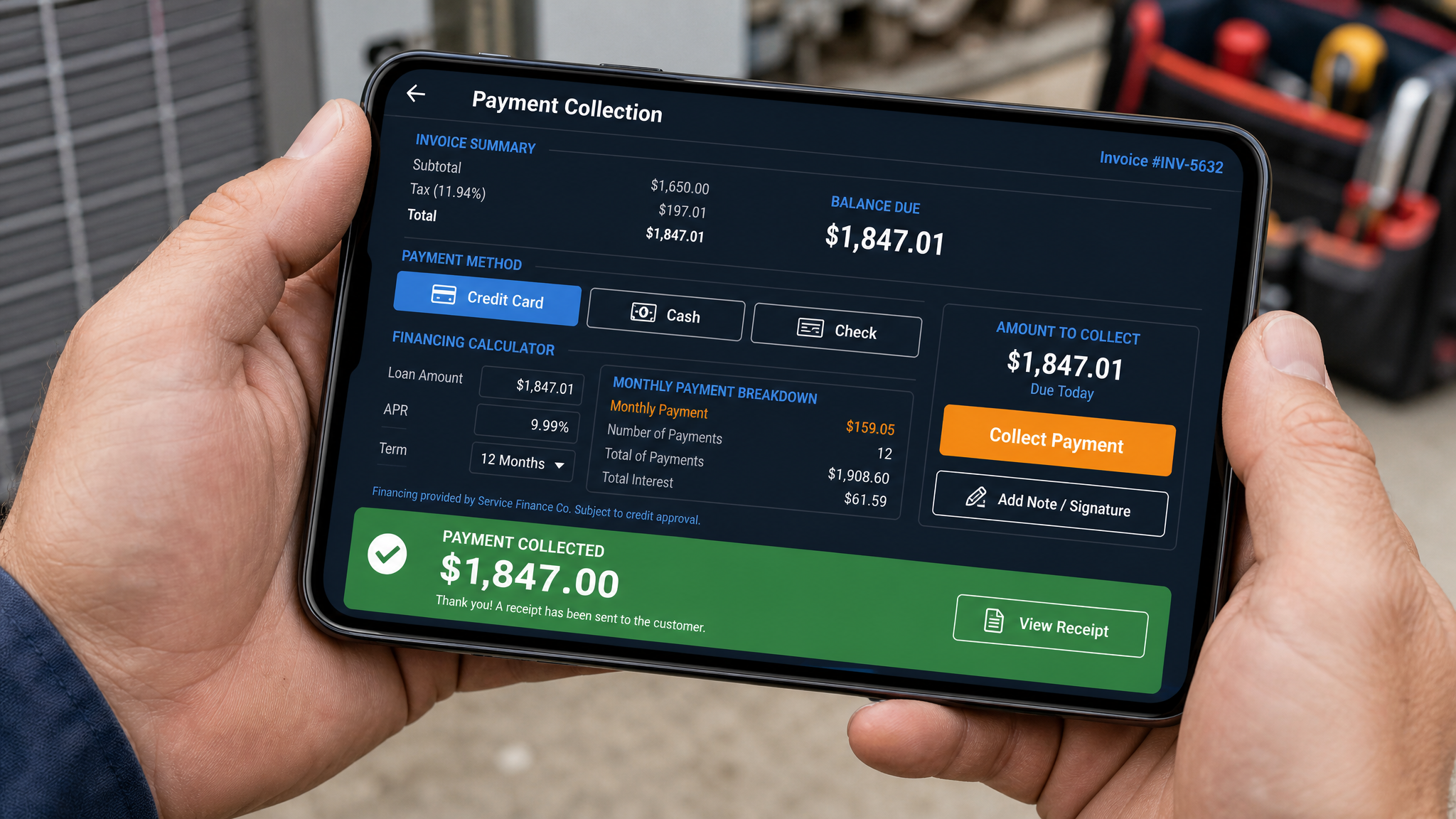 Technician collecting mobile payment on-site with financing options displayed on tablet