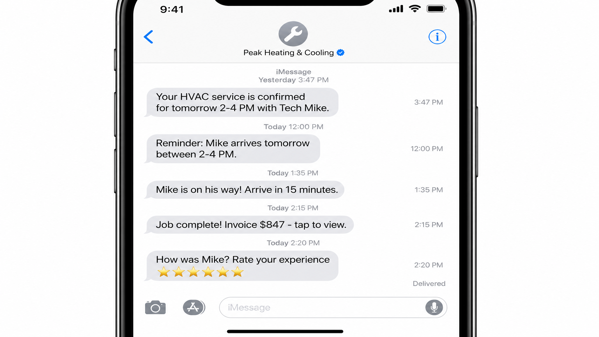 Automated SMS conversation showing appointment reminders, en route alerts, and review requests
